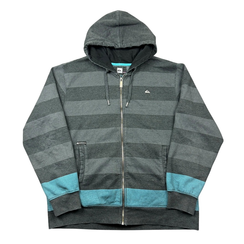 Vintage Y2K‎ Quiksilver Hoodie Men XL Gray Blue Striped Surfer Zip Sweatshirt